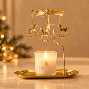 Golden rotary candle holder with oval tray, rocking horse ornaments, 18.5 cm - Eco Candle Project
