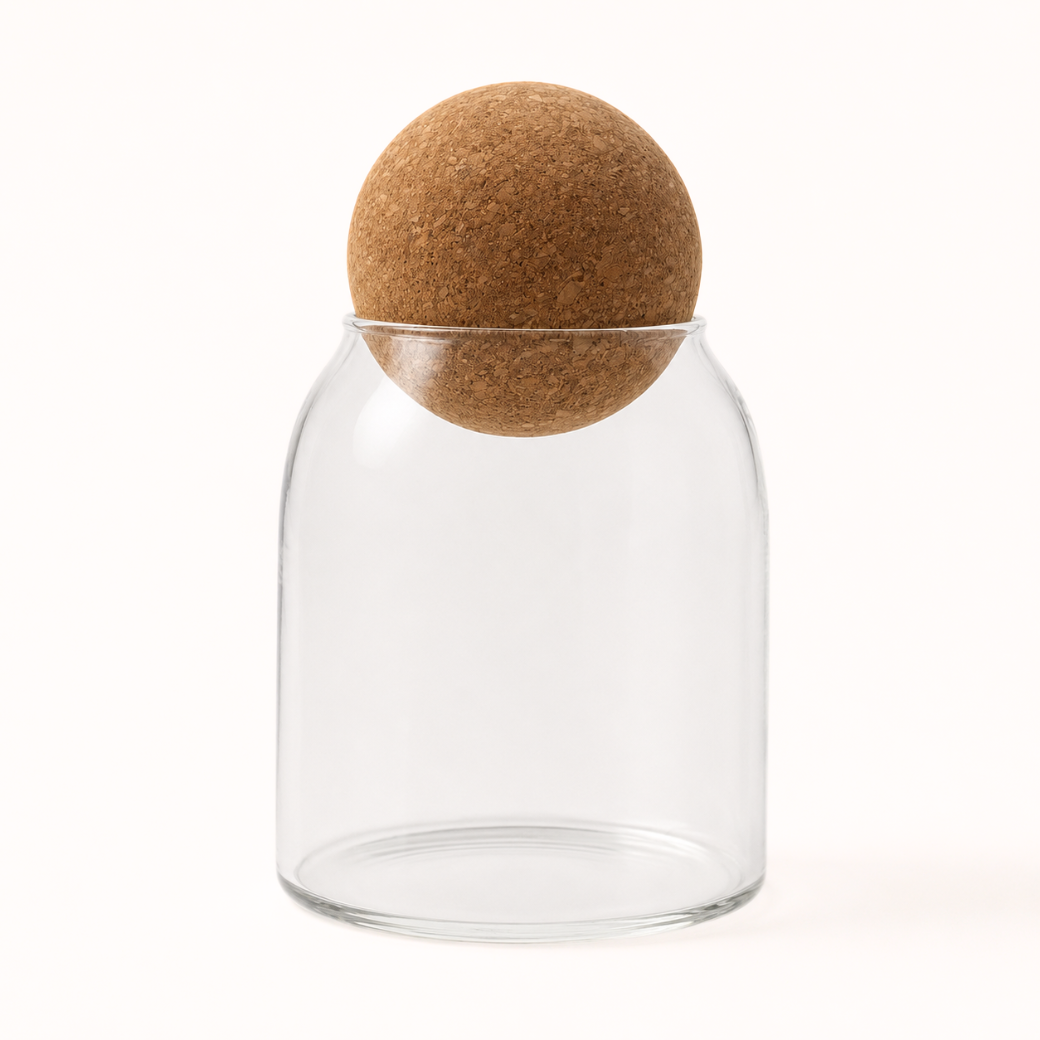 GLASS JAR WITH CORK BALL LID
